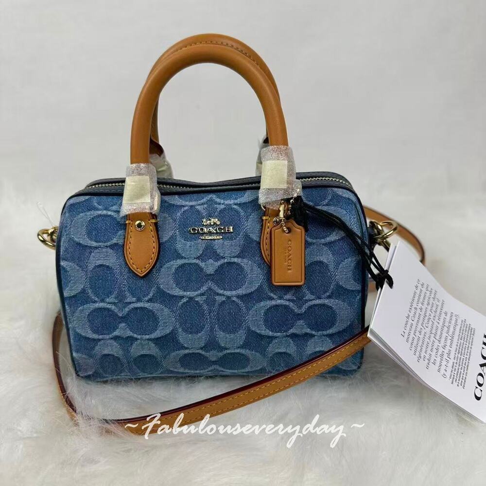 Coach Mini Rowan Crossbody Bag In Signature Denim CDQ36 Gold/Indigo Blue NWT
